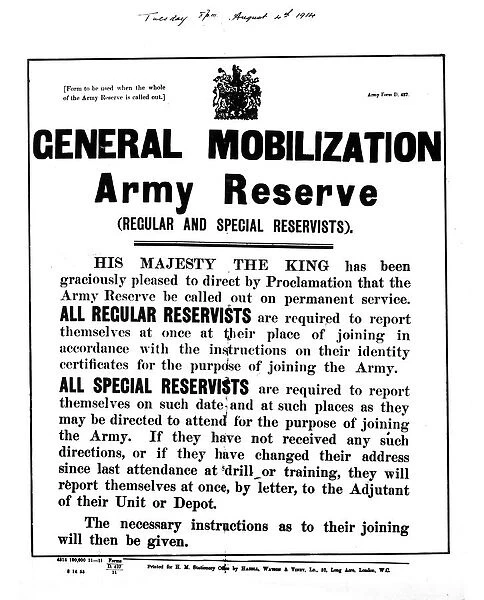 General Mobilization order issued by the UK Government shortly after Britain had declared