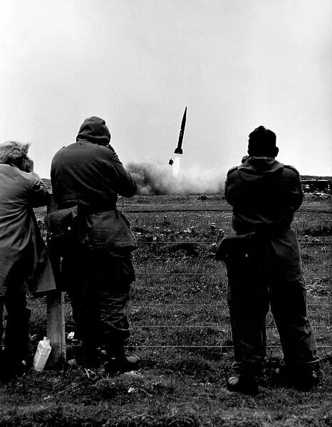 German gunners watch as a Pershing missile is launched from their South Uist base