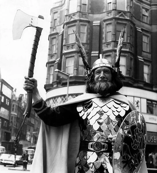 The 'Guizer Jarl', or Viking Chieftain, Mr Willie Peterson pictured outside