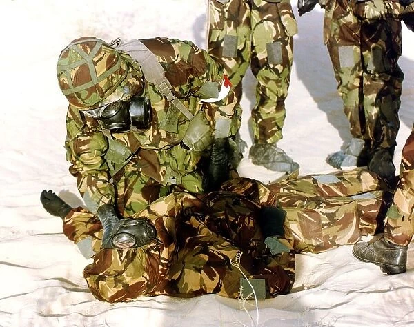 Gulf War January 1991 British army soldiers seen here wearing chemical warfare