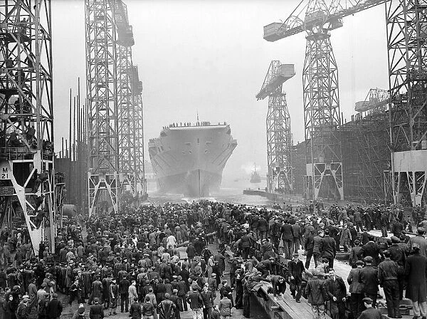 HMS Eagle is launched at the Harland and Wolf dockyard Belfast by Princess Elizabeth