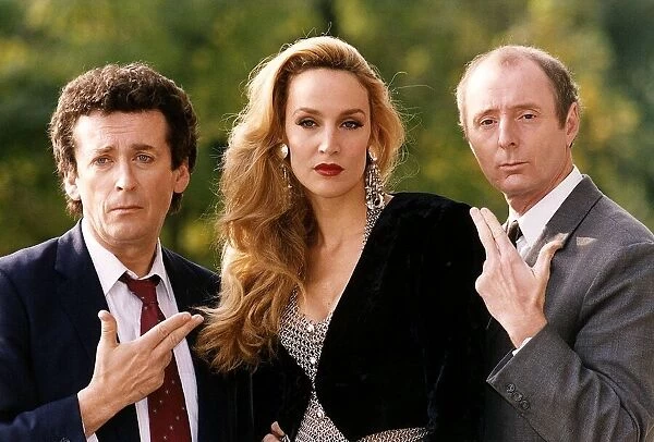 Jasper Carrott with Jerry Hall and Robert Powell in the comedy series '