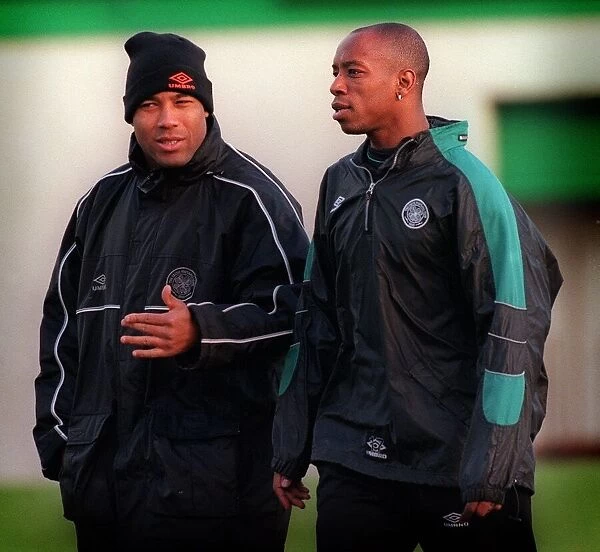 John Barnes coach wearing hat December 1999 and Ian Wright at Celtic training on Boxing