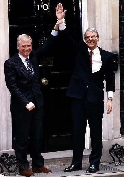 John Major Prime Minister with party chairman Chris Patten celebrating victory at 10