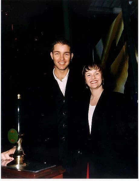 Julia Fawcett with actor Michael Marsden November 1997 Coronation Street set beer hand