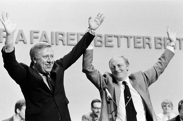 Labour Party Conference in Brighton. Neil Kinnock celebrates becoming the new leader of