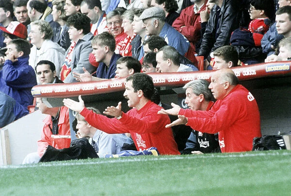 Liverppol manager Graeme Souness in the dugout at Anfield with assistants Roy Evans