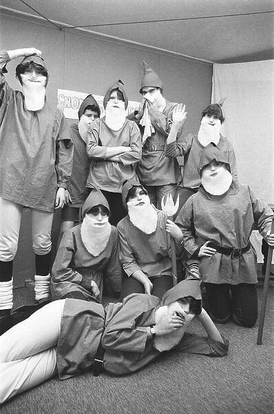 Manchester school children dressed as gnomes for school pantomime. December 1982