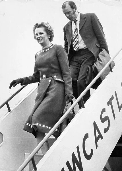 Margaret Thatcher arrives at Newcastle Airport on route to a visit to Durham University