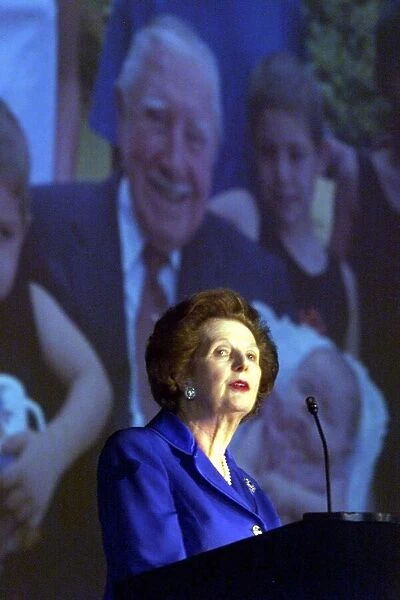 Margaret Thatcher ex Prime Minister speaking at a Blackpool cinema for the Pro Augusto