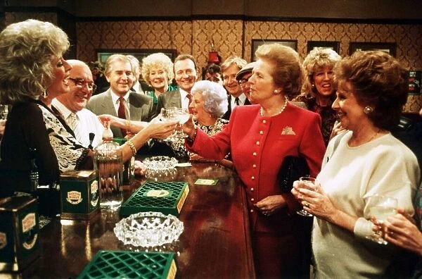 Margaret Thatcher in the Rovers Return - Jan 1990 with members of the cast of
