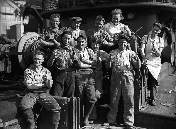 Merchant Seamen during WW2 giving the 'Thumbs Up'Circa 1940