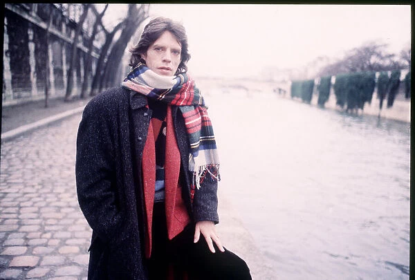 Mick Jagger Singer in Paris Wearing a tartan scarf January 1985