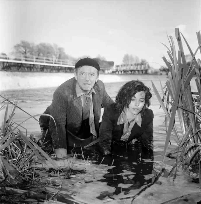Framed Print : Black and white photograph print of Cyd Hayman in the river during filming Framed Print : Black and white photograph print of Cyd Hayman in the river during filming