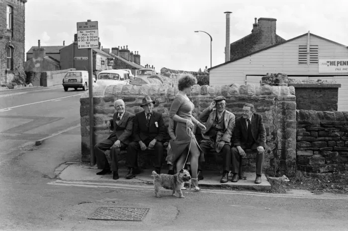 Framed Print : Old Boys Watch Girls Go By Print, Keighley Road Silsden Scene Framed Print : Old Boys Watch Girls Go By Print, Keighley Road Silsden Scene
