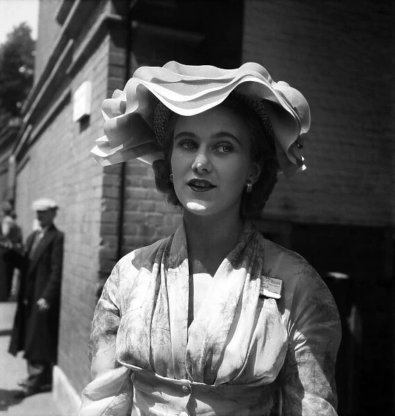 Miss Judith Thomson-Hancock wore this unusual hat to match her dress at Ascot