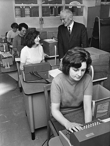 Mr Morris talks with operators at new computer centre, Liverpool, Circa 1970