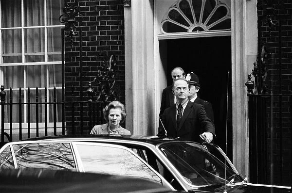 Mrs Thatcher leaving from 10 Downing Street for the House of Commons to attend