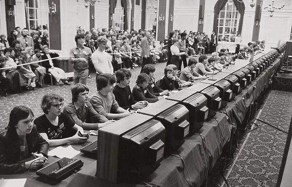 National Space Invaders Championships 1981 A row of young enthusiasts playing to