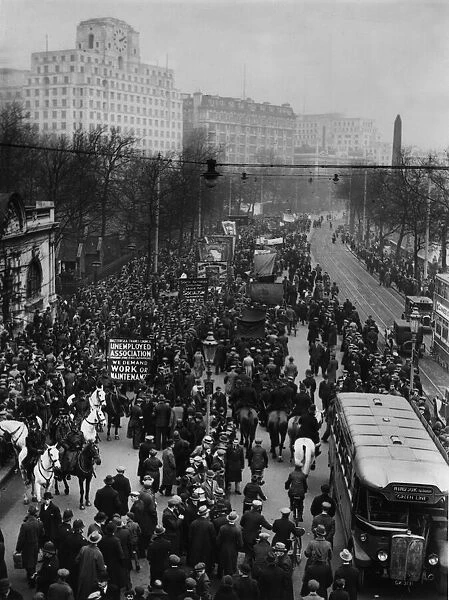 A National Unemployment demonstration showing the procession moving along the Embankment