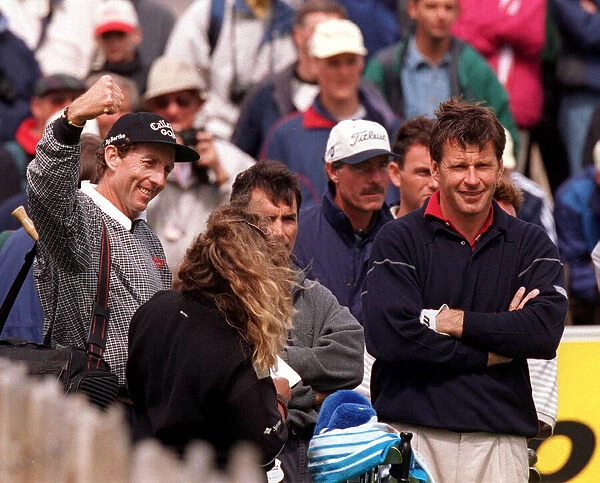 Nick Faldo and David Leadbetter at the British Open July 1997 during practice at Troon