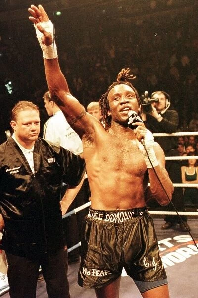 Nigel Benn addresses the crowd after loosing in WBO middleweight fight with Steve Collins