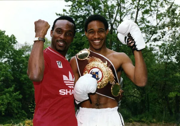 Nigel Benn left with footballer Paul Ince of Manchester United