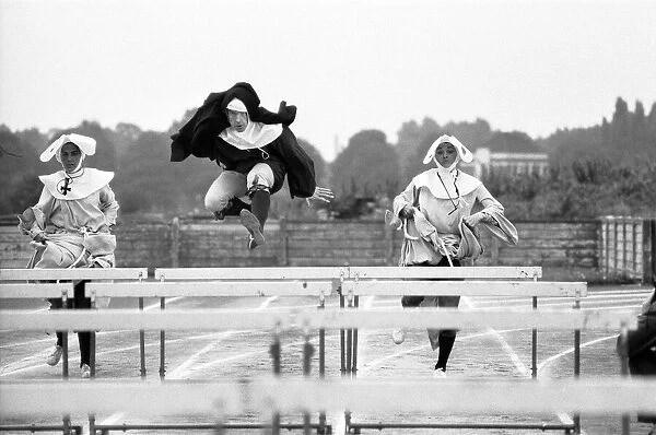 The Nuns Olympics. Left to right Barbara Bremel, Kevin Moran