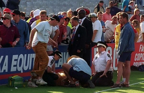Pantomime cow after being tackled at Headingley July 1997 Medical Staff treat Brancha