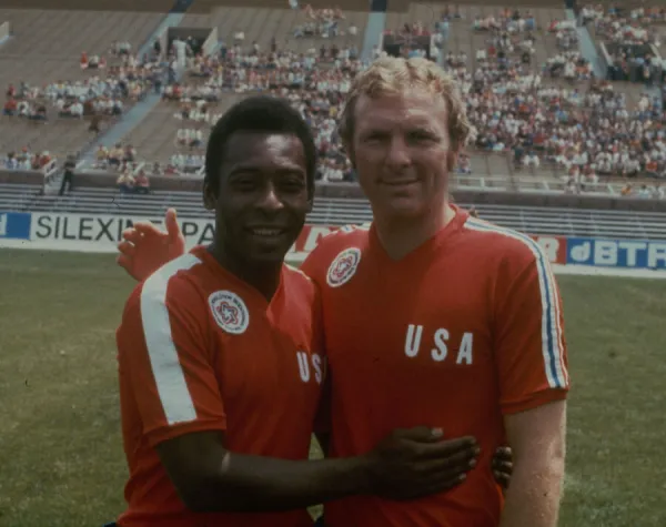 Pele and Bobby Moore seen here together during a exhibition match by the England football