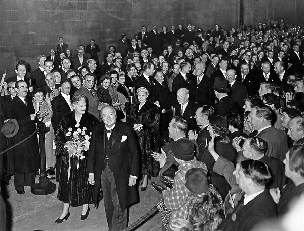 Prime Minister Winston Churchill receives a birthday presentation in Westminster Hall