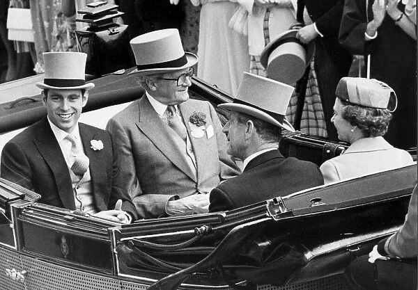 Prince Andrew with the Queen and Prince Philip in carriage at Royal Ascot. June 1985