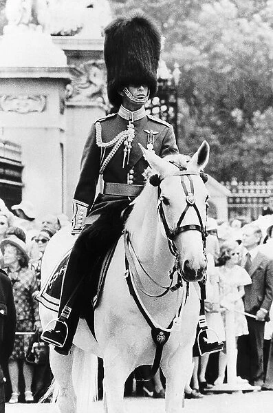 Prince Charles as Colonal-in-Chief of the Welsh Guards riding in the Trooping of