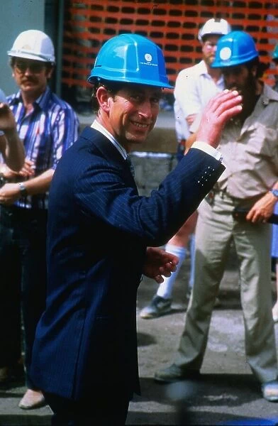 Prince Charles Prince of Wales November 1988 wearing a hard hat on a building site