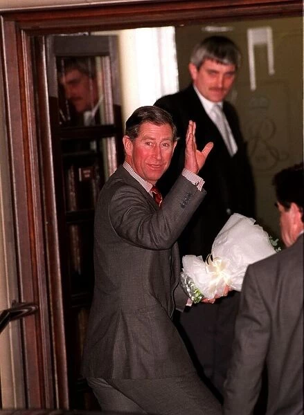 Prince Charles visits the Queen Mother January 1998 Prince Charles wave outside