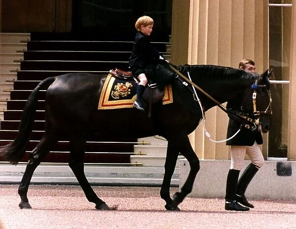 Prince Harry astride a horse being lead by a groom