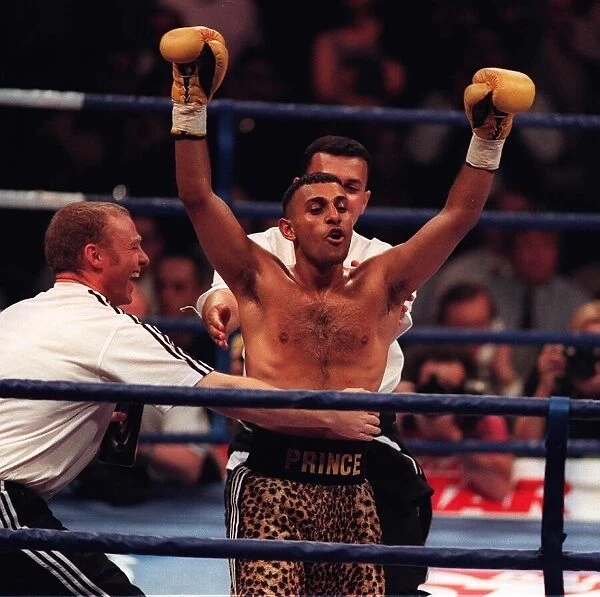 Prince Naseem Hamed celebrates winning fight July 1997 Juan Cabrera was given a standing