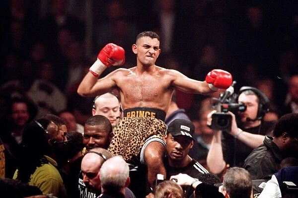 Prince Naseem Hamed on the shoulders of his supporters after beating Tom Boom Boom