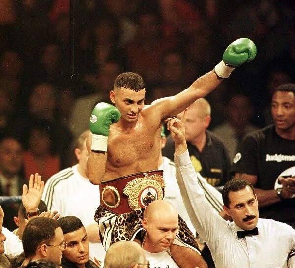 Prince Naseem Hamed victorious at Sheffield October 1997 after beating Jose Badillo to