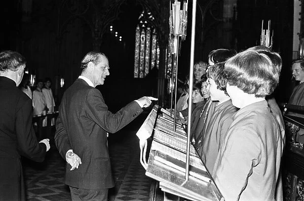 Prince Philip, Duke of Edinburgh during his tour of Worcester Cathedral. 4th May 1978