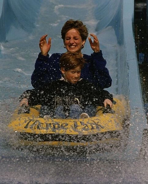 Princess Diana and Prince Harry on a water slide ride in Thorpe Park amusement park