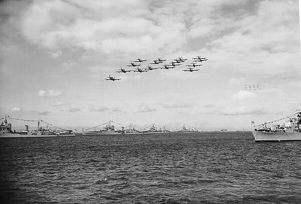 Queen Elizabeth II Coronation Fleet Review: a formation of Sea Fury aircraft fly up