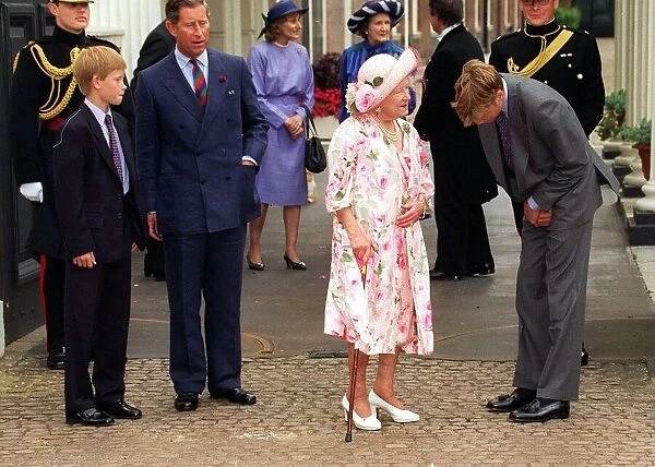 Queen Mother celebrates her 97th birthday August 1997 Prince William grey suit black