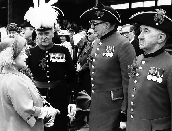 The Queen Mother after presenting shamrock to the Irish Guards at Pirbright today - St