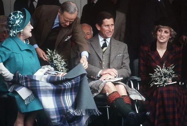 The Queen Mother, Prince Charles and Princess Diana at the annual the Braemar Highland