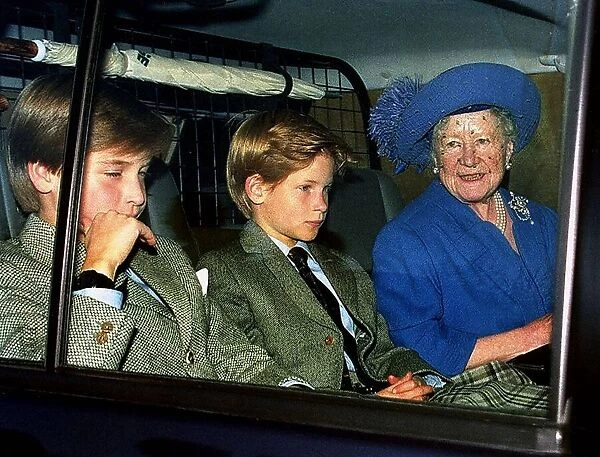 Queen Mother with Prince William and Harry leaving Crathie in car