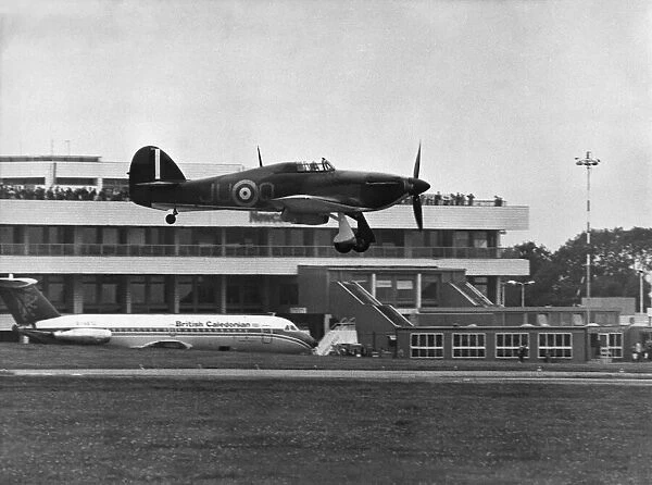 A RAF Hawker Hurricane landing at Newcastle Airport. 25th August, 1979