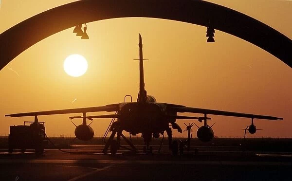 An RAF Tornado jet pictured in the hangar at Ali Al Salem Air Base in Kuwait during