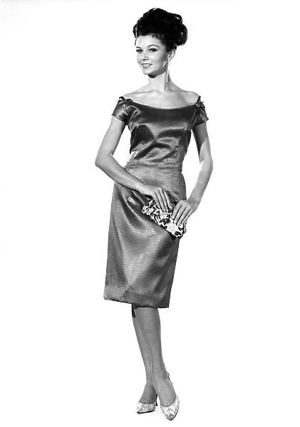 Reveille Fashions 1964: Meriel Weston silk evening dress. January 1964 P007611