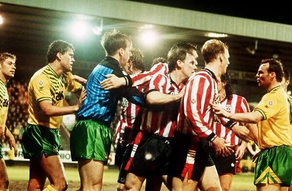 Robert Fleck Calms the Southampton boys down in the game between Norwich